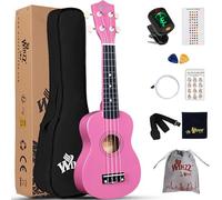 Winzz Ukulélé Soprano Kit de Démarrage pour Débutants avec Étui Souple Accordeur Amovible Cordes Supplémentaires Sangle Plectre Autocollants de Frette Carte d’accords Tissu de Polissage Rose Foncé