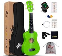 Winzz Ukulélé Soprano Kit de Démarrage pour Débutants avec Étui Souple Accordeur Amovible Cordes Supplémentaires Sangle Plectre Autocollants de Frette Carte d’accords Tissu de Polissage Vert