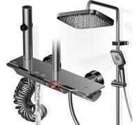 Wiorhix Colonne de Douche avec Mitigeur, Ensemble Douche Tête Pluie XXL 31,5cm, Panneau Commande Piano 4 Fonctions, Hauteur Réglable 83-110cm, pour Baignoire et Salle de Bain - Gris