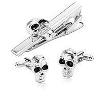 WIPPWER Mens Cufflinks and Tie Clip Set, Silver Black Stainless Steel Tie Clips for Men Unique Skull Cufflinks Suit Accessories Men Tie Accessories