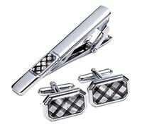 WIPPWER Sliver Plaid Cufflinks Necktie Clip for Tie Pin for Mens Gift Classic Pattern Tie Bar Cufflinks Tie Clip Set