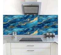 WIQUYBML Carrelage adhésif raffiné Effet marbre Bleu et Or, résistant à l'huile, pour Cuisine et Salle de Bain. Vinyle Autocollant, imperméable et Amovible, 10 x 10 cm (Lot de 10).