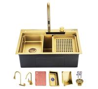 WIQUYBML Ensemble évier Cascade de Cuisine Gold Nano avec Robinet extractible Multifonction, Poste de Travail Polyvalent Complet, Ensemble de préparation de Bar, cuve Unique Profonde, Gain