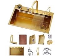 WIQUYBML Évier Cascade doré avec Robinet extractible 3 en 1, Accessoires en Acier Inoxydable, Poste de Travail Multifonctionnel à Une cuve, Ensemble d'accessoires Complet (Couleur : Or, Tai