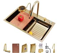 WIQUYBML Évier Cascade en Acier Inoxydable - Poste de Travail de Cuisine Multifonctionnel doré avec Robinet extractible et Lave-Tasses, Ensemble d'accessoires Complet, cuve Unique 80 x 45 x