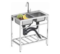 WIQUYBML Évier Commercial en Acier Inoxydable, évier de Cuisine Utilitaire autoportant à 2 Compartiments, Organisateur pour Garage, Restaurant, buanderie, extérieur (argenté, Dimensions : 8