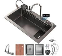 WIQUYBML Évier de Bar Multifonctionnel en Acier Inoxydable 75 x 45 cm avec Porte-Couteaux, 1 cuve, Design Cascade, 5 Trous de robinetterie, Ensemble d'accessoires Complet - Parfait pour la