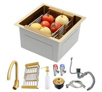 WIQUYBML Évier de Cuisine 1 bac 45 x cm, Petit modèle avec Robinet, Distributeur de Savon, égouttoir, Siphon, Tuyau d'évacuation, Finition dorée, Barre en Acier Inoxydable