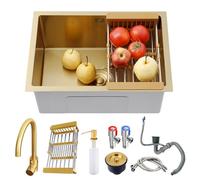 WIQUYBML Évier de Cuisine 1 bac 55 x 40 cm, Petit modèle avec Robinet, Distributeur de Savon, égouttoir, Siphon, Tuyau d'évacuation, Finition dorée, Barre en Acier Inoxydable