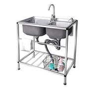 WIQUYBML Évier de Cuisine à 2 bacs, évier Professionnel pour Restaurant avec égouttoir et Robinet, Station de Double cuve en Acier Inoxydable, Utilitaire extérieur pour Bar ou hôtel