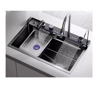 WIQUYBML Évier de Cuisine à Cascade dorée, avec Robinet Multifonctions, Lave-Tasses, bonde, Robinet d'eau Potable et Ensemble, Grand évier de Style Ferme à encastrer (Couleur : Noir, Dimens