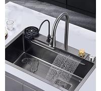 WIQUYBML Évier de Cuisine à Cascade, Poste de Travail encastrable Gris foncé avec égouttoir à Vaisselle/Trois Modes de Sortie d'eau (Couleur : Gris, Dimensions : 72 x 45 cm)