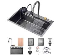 WIQUYBML Évier de Cuisine à Cascade, Poste de Travail Nanometer à Montage sur Le Dessus, Barre Multifonctions en Acier Inoxydable à Une cuve avec Robinet et système de Drainage (Noir, 85 x