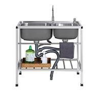 WIQUYBML Évier de Cuisine à Double bac, kit d'évier de Poste de Travail extérieur autoportant en Acier Inoxydable avec Robinet pour Restaurant Commercial