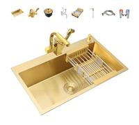 WIQUYBML Évier de Cuisine à Poser et à encastrer, évier à Une cuve en Acier Inoxydable doré de Luxe avec Robinet extractible Multifonction, Panier de vidange et Distributeur de Savon (60 x