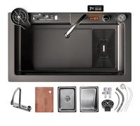 WIQUYBML Évier de Cuisine avec Robinet Cascade, Ensemble de cuve Unique en Acier Inoxydable, Lave-Batterie à Pression, Planche à découper, Panier d'égouttage et Accessoires (Noir-Gris A, 75