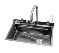 WIQUYBML Évier de Cuisine Cascade Grand Format, Gris Noir, avec Robinet Multifonction, Lave-Tasses, Robinet d'eau Potable et kit de vidange, évier de Bar/Poste de Travail en Acier inoxydabl