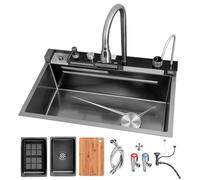 WIQUYBML Évier de Cuisine Cascade Noir, 75 x 46 x 22 cm, 1 cuve, Grand modèle en Acier Inoxydable, avec Robinet Extensible, égouttoir pour Verres, Tuyau d'évacuation, 4 poignées.
