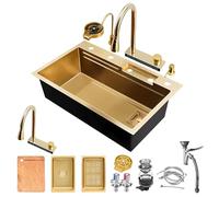 WIQUYBML Évier de Cuisine doré, 75 x 50 cm, 1 cuve, évier rectangulaire en Acier Inoxydable avec 5 Trous de robinetterie Effet Cascade doré et Un Ensemble Complet d'accessoires.