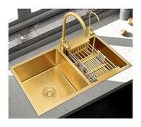 WIQUYBML Évier de Cuisine en Acier Inoxydable 304 doré avec Robinet, kit Robinet d'eau Potable et bonde, Grand évier de Bar, Double bac, Style Ferme pour Balcon (Couleur : A, Dimensions : 8