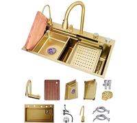 WIQUYBML Évier de Cuisine Gold Nano en Acier Inoxydable 304, Style Cascade, Multifonction, à Une cuve, avec Robinet et bonde, pour Bar ou Camping-Car. Décoration intérieure (Couleur : Or-b,