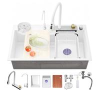 WIQUYBML Évier de Cuisine Moderne en Acier Inoxydable Blanc 80x45cm - Multifonctionnel à Une cuve avec Robinet à douchette extractible et Lave-Tasses - Ensemble d'accessoires Complet pour l