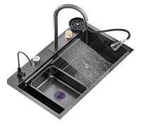 WIQUYBML Évier de Cuisine Noir avec Robinet Cascade, cuve Unique, en Acier Inoxydable, Ensemble Complet avec Tous Les Accessoires Inclus (68 x 45 x 22 cm)