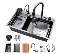 WIQUYBML Évier de Cuisine Noir et Gris à Effet Cascade avec Robinet extractible, Lave-Tasses, Bouton et Ensemble de vidange, évier de Travail en Acier Inoxydable 304, Grand bac Unique à enc