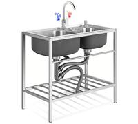 WIQUYBML Évier de Cuisine Professionnel en Acier Inoxydable à Double cuve avec Robinet et étagère de Rangement pour Garage, buanderie ou Jardin extérieur (80 cm x 45 cm x 85 cm).
