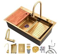 WIQUYBML Évier de Poste de Travail Haut de Gamme en Acier Inoxydable avec Robinet extractible, Cuvette compacte, revêtement Nano, Ensemble de vidange Complet, Finition dorée élégante - 85 x