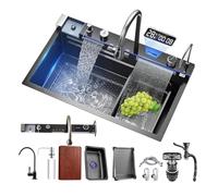 WIQUYBML Évier de Poste de Travail Nano à cuve Unique en Acier Inoxydable 304 - Ensemble Robinet Cascade extractible avec Affichage numérique Intelligent (75 * 45 x 22 cm)