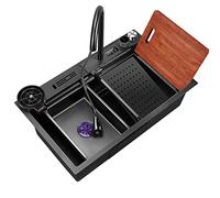 WIQUYBML Évier Nano en Acier Inoxydable avec Robinet extractible à Effet Cascade, Grand évier de Style Ferme à Une cuve, Lave-Tasses et bonde de vidange (Couleur : Noir-Gris, Dimensions : 7