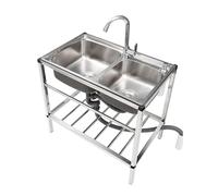 WIQUYBML Évier Utilitaire en Acier Inoxydable - 2 bacs, sur Pied, avec robinets d'eau Chaude et Froide et étagères de Rangement, idéal pour Une Maison de Campagne, Une Salle de Bain ou Une