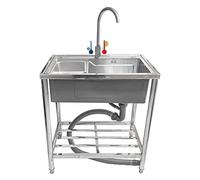 WIQUYBML Évier Utilitaire en Acier Inoxydable - Évier de Cuisine indépendant à Une cuve avec Robinet d'eau Chaude et Froide, pour Maison de Campagne, Salle de Bain, Bar, buanderie (Profonde