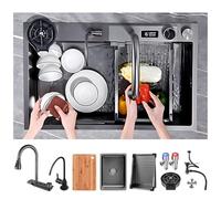 WIQUYBML Grand évier de Cuisine à Cascade, évier de Bar Multifonctionnel avec Robinet extractible, Lave-Tasses et kit de vidange, évier de Cuisine encastrable à Une cuve de Style Ferme en a