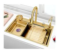 WIQUYBML Grand évier de Cuisine Nano Gold avec Cascade et Robinet extractible, Robinet d'eau Potable, kit de vidange pour Lave-Tasses, évier à Une cuve en Acier Inoxydable 304, Poste de tra
