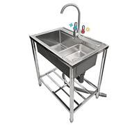 WIQUYBML Lavabo Utilitaire sur Pied à Une cuve en Acier Inoxydable avec Robinet d'eau Chaude et Froide, idéal pour Le Camping, la buanderie, Le Garage, la Salle de Bain ou la Maison de Camp