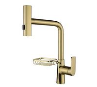 WIQUYBML Robinet de Cuisine avec douchette extractible, Robinet d'évier en Laiton à poignée Unique, douchette à 3 Fonctions, Porte-torchons Inclus (Or brossé)