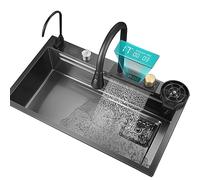 WIQUYBML Robinet d'évier de Cuisine, Robinet Cascade, Grand bac Unique, en Acier Inoxydable Noir, Bouton de vidange contrôlé, Accessoires complets (Dimensions : 80 x 45 x 22 cm)