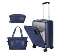 WireHot Lot de 3 valises légères à coque rigide ouverte sur le devant avec roues pivotantes et serrure TSA pour voyage, bagages, trousse de toilette + sac à main, bleu foncé, 20in/TB/HB, Bagages