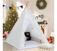 WIRHAO Tente tipi pour enfants avec tapis rembourré en toile de coton avec pompon pour tout-petits, tente de jeu d'intérieur pour filles et garçons avec étoiles lumineuses, sac de transport, bannière