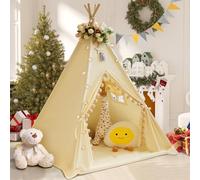 WIRHAO Tente tipi pour enfants avec tapis rembourré en toile de coton avec pompon pour tout-petits, tente de jeu d'intérieur pour filles et garçons avec étoiles lumineuses, sac de transport, bannière