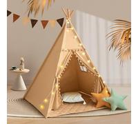 WIRHAO Tente tipi pour enfants avec tapis, tipi en toile de coton avec pompon pour tout-petits, tente de jeu d'intérieur pour filles et garçons avec étoiles lumineuses, sac de transport, bannière