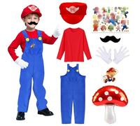 Wirhaut Mar-i Déguisement Enfant, Super Bro Costume Garçon, Super Déguisement Set avec Haut Rouge, Salopette, Chapeau, Moustache, Gants, Broche pour Enfants pour Carnaval, Halloween, Cosplay