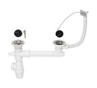 Wirquin 30721103 Ensemble complet vidage d'évier 2 bacs D60 avec siphon évier, bonde à bouchon, trop-plein et prise machine à laver, chromé, Blanc