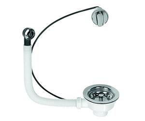Wirquin 30723114 Bonde Évier 1 Bac Ø90 mm à Panier à Câble | Commande à câble, panier inox, trop-plein rond, grille ronde, base arrière rectangulaire, chromé
