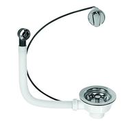 Wirquin 30718723 Bonde pour évier ø90 1 bac, plastique et métal, avec trop-plein exterieur et commande à câble, chromé, Blanc