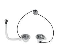 Wirquin 30723992 Bonde Évier 2 Bacs Ø90 mm à Panier à Câble | Commande à câble, panier inox, trop-plein rond, grille ronde, base arrière rectangulaire, chromé