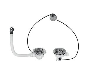 Wirquin 30723992 Bonde Évier 2 Bacs Ø90 mm à Panier à Câble | Commande à câble, panier inox, trop-plein rond, grille ronde, base arrière rectangulaire, chromé