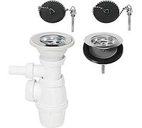 Wirquin 30718733 Ensemble complet vidage d'évier 2 bacs D60 avec siphon évier, bonde à bouchon et prise machine à laver, chromé, Blanc